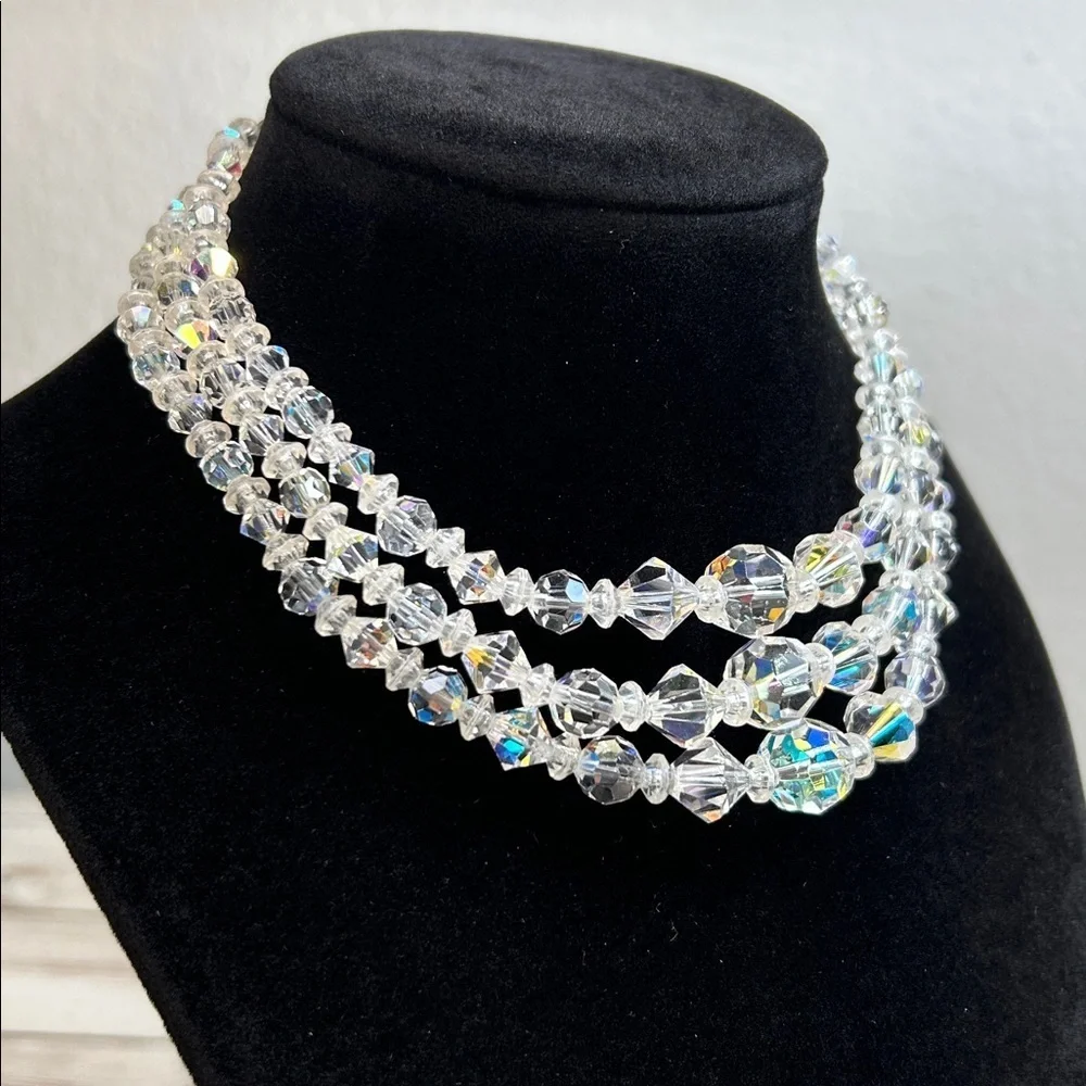 Vintage Triple Strand Crystal AB Necklace with Acrylic Spacer Beads
